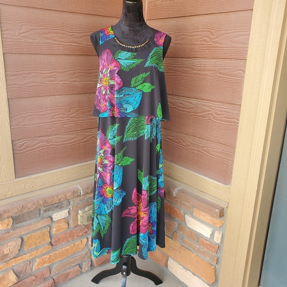 Rafaella Women's Floral Tropical Dress Size Size Black Sleeveless Tank Beaded - Picture 1 of 16